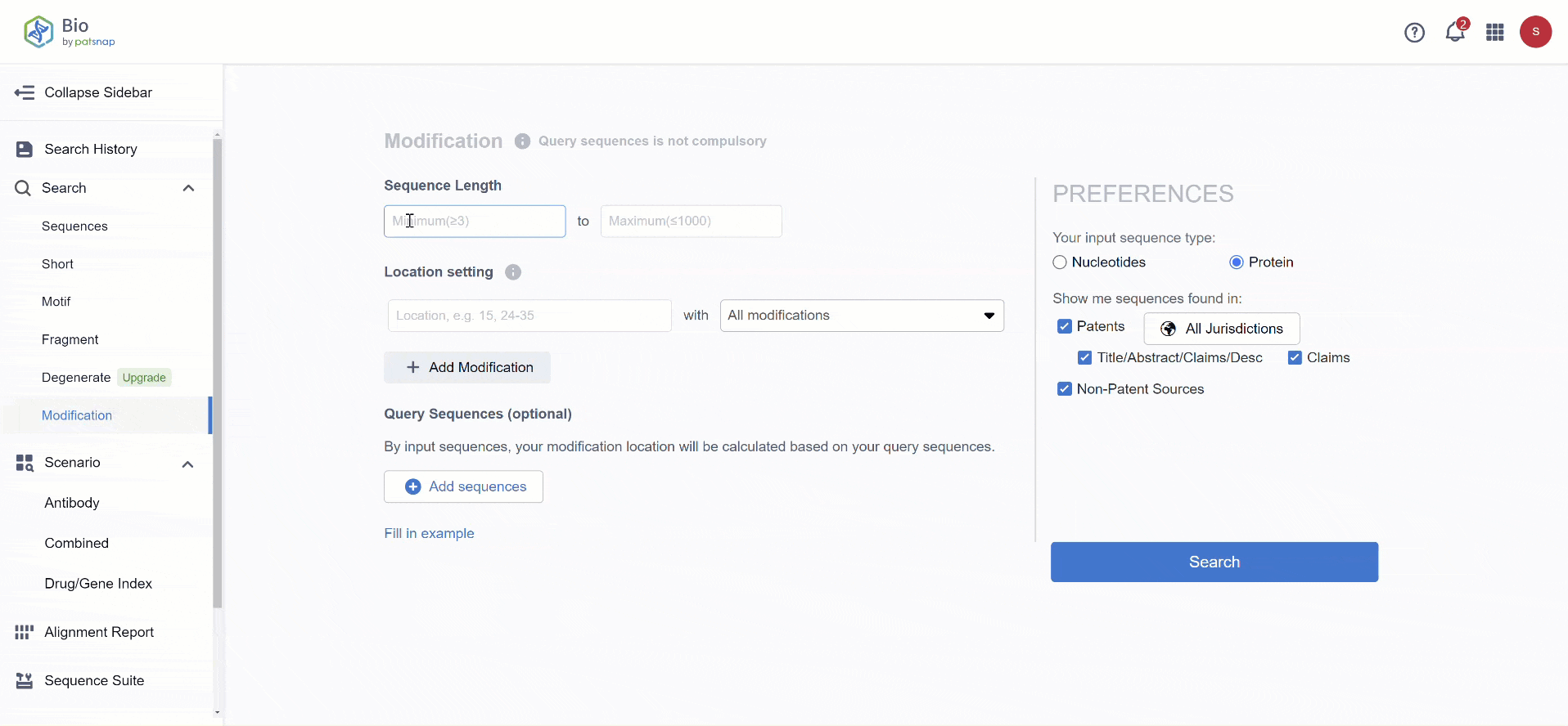 GIF showing a workflow in patsnap where a user inputs their desired sequence length and modification location/type.