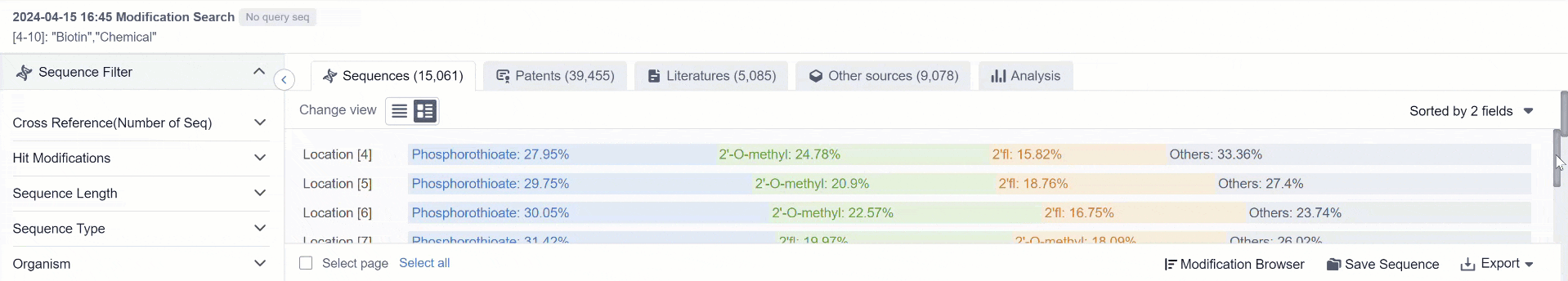 Gif showing search results page and a visual summary of the top modification trends within the hit sequences, from which you can dive into specific results for in-depth analysis.